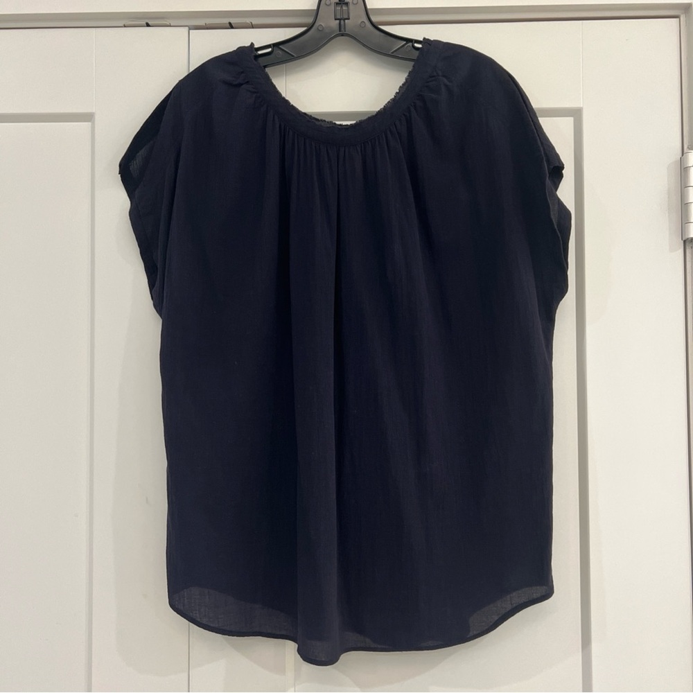 Humanoid Split Sleeve Gauzy Cotton Frayed neck Navy Blue Top - Size Large